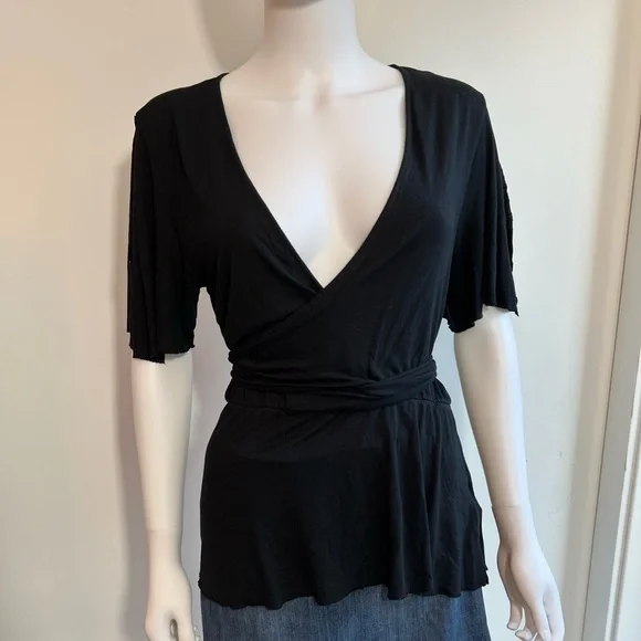 ALLSAINTS | Black Deep V-Neck Wrap Front Jersey Top - Picture 2 of 6